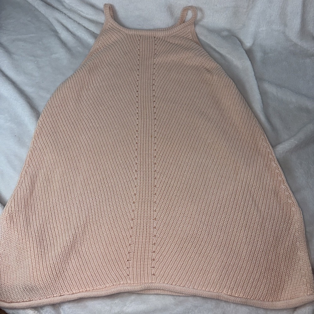 Knit Halter Sweater Tank Top Med Peach Pointelle Detail Vertical Rib Layer EUC
